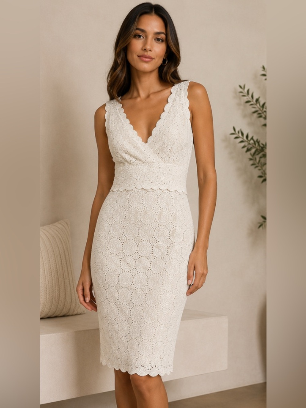Kay Unger White Eyelet Cotton Lace Faux-Wrap Sheath Dress